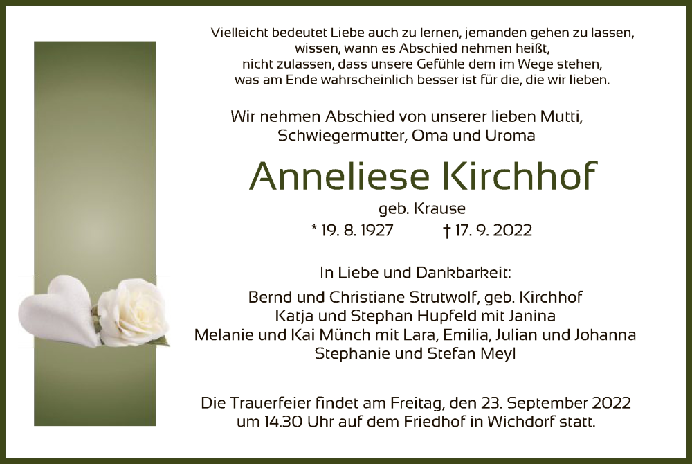  Traueranzeige für Anneliese Kirchhof vom 20.09.2022 aus HNA