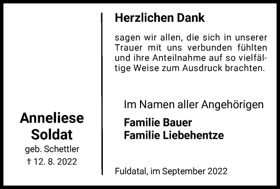 Traueranzeige von Anneliese Soldat von HNA