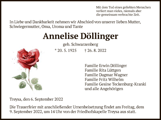 Traueranzeige von Annelise Döllinger von HNA