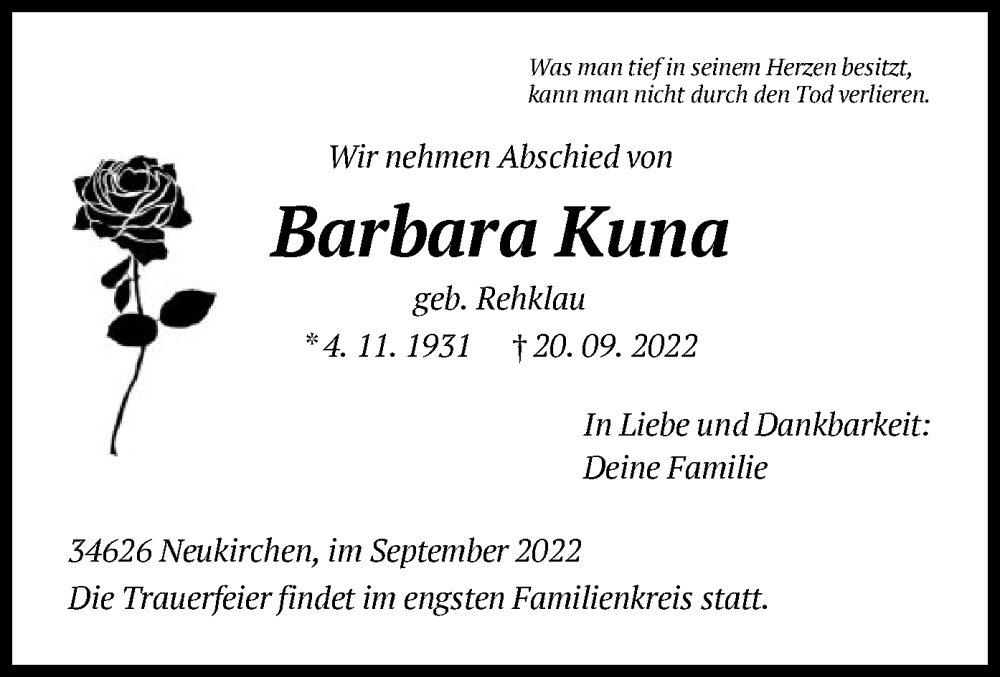  Traueranzeige für Barbara Kuna vom 23.09.2022 aus HNA