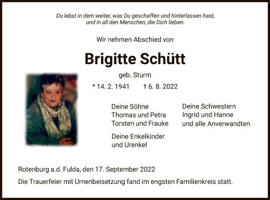 Traueranzeige von Brigitte Schütt von HNA