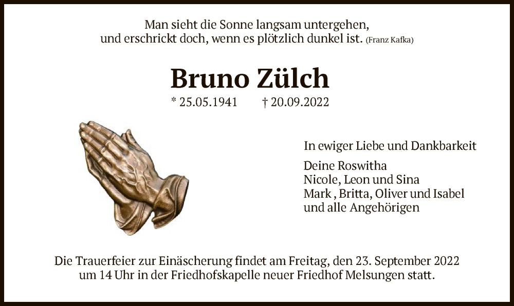  Traueranzeige für Bruno Zülch vom 22.09.2022 aus HNA