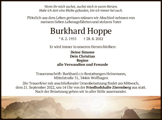Traueranzeige von Burkhard Hoppe von HNA