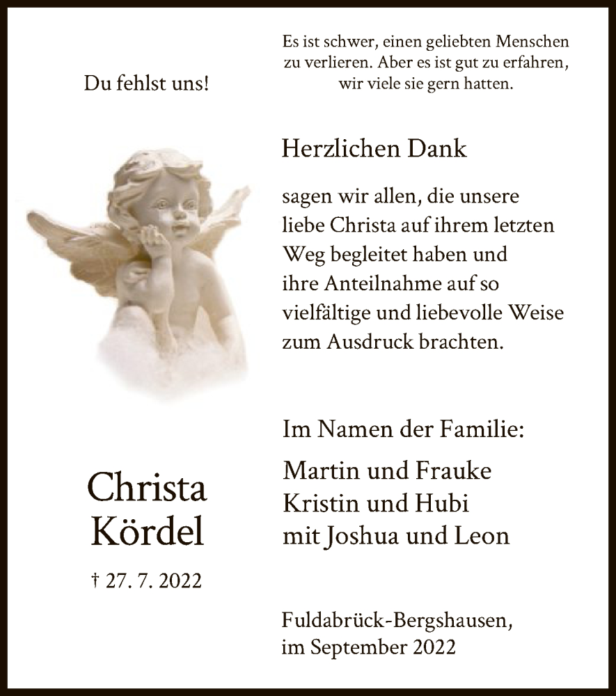  Traueranzeige für Christa Kördel vom 03.09.2022 aus HNA