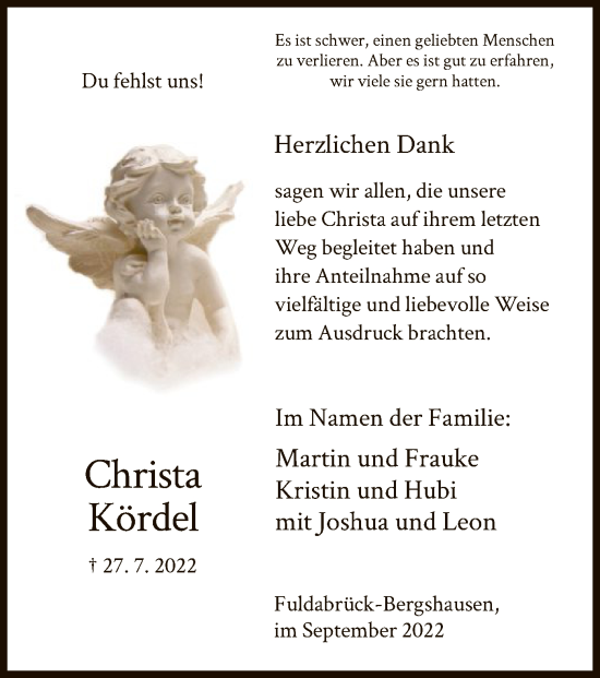 Traueranzeige von Christa Kördel von HNA