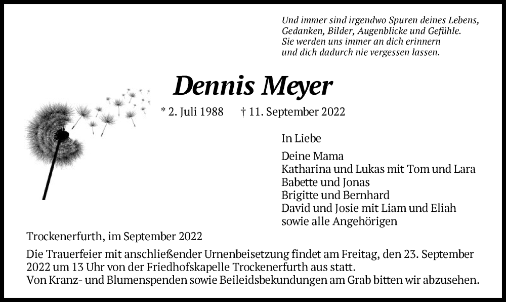  Traueranzeige für Dennis Meyer vom 17.09.2022 aus HNA