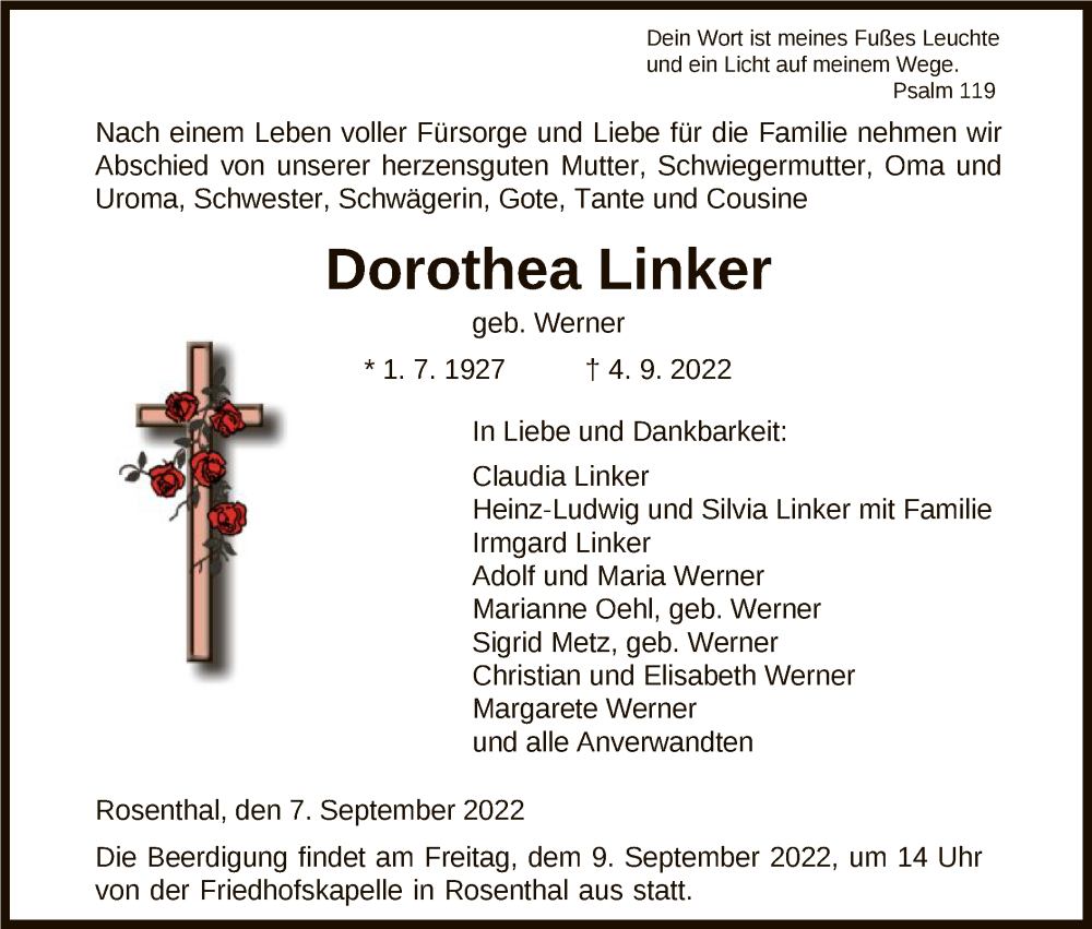  Traueranzeige für Dorothea Linker vom 07.09.2022 aus HNA