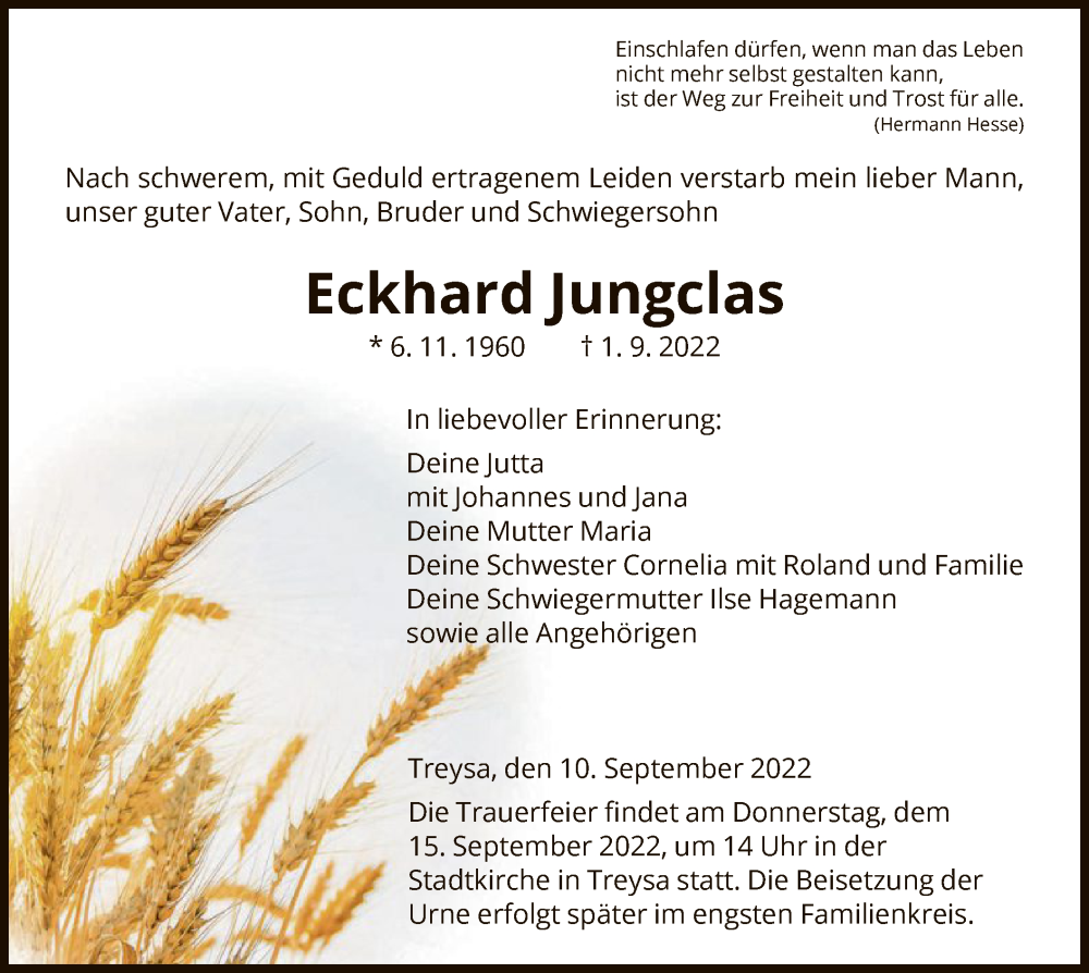  Traueranzeige für Eckhard Jungclas vom 10.09.2022 aus HNA