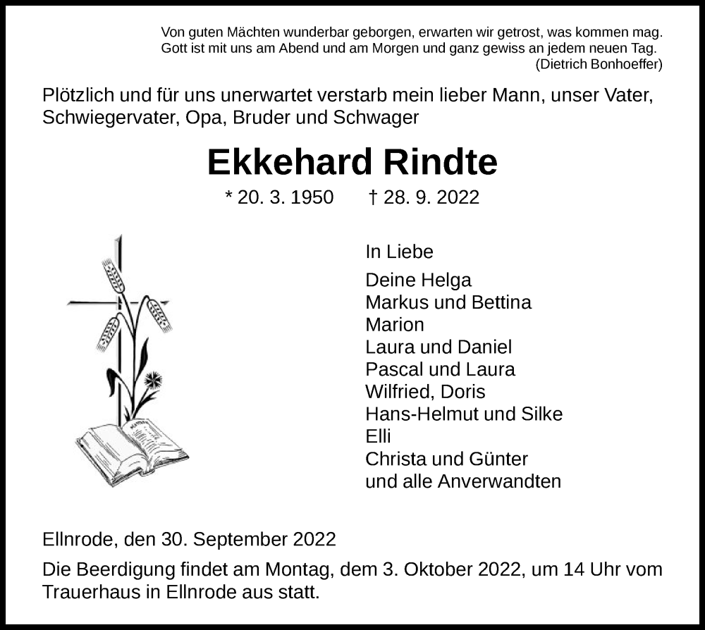  Traueranzeige für Ekkehard Rindte vom 30.09.2022 aus HNA