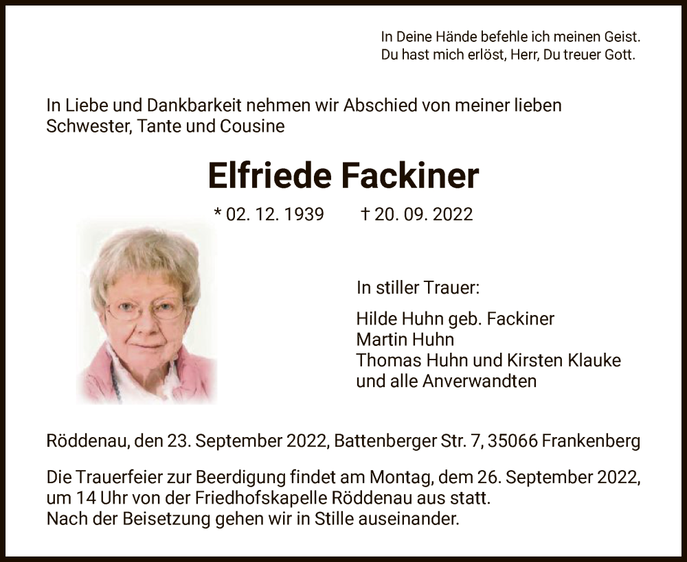  Traueranzeige für Elfriede Fackiner vom 23.09.2022 aus HNA