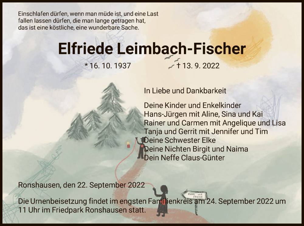  Traueranzeige für Elfriede Leimbach-Fischer vom 22.09.2022 aus HNA
