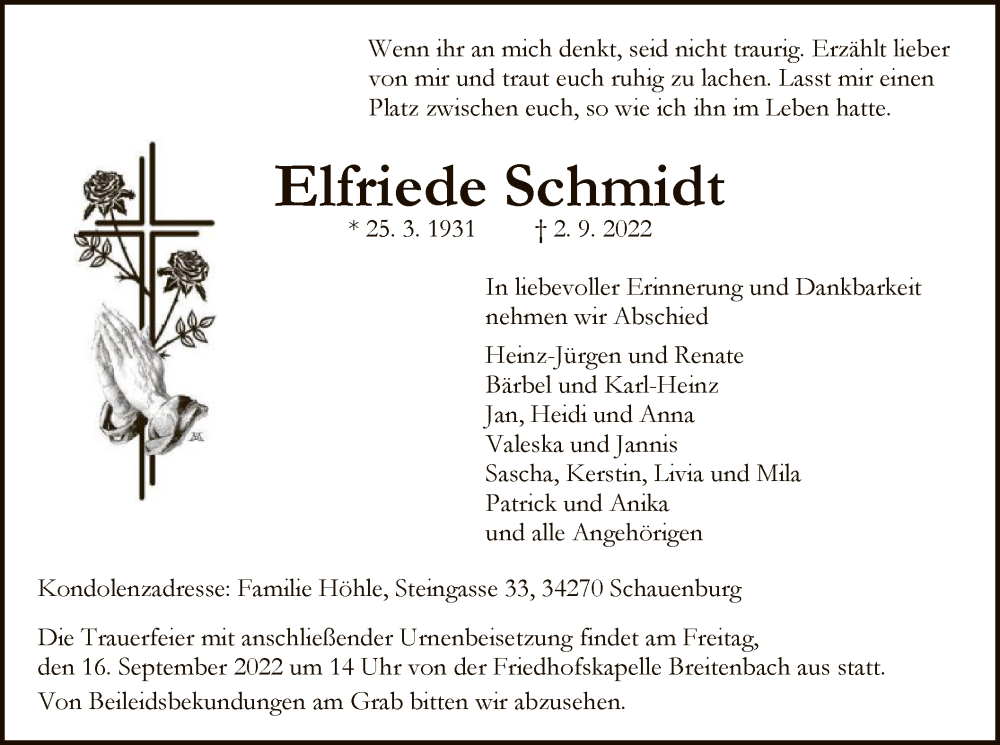  Traueranzeige für Elfriede Schmidt vom 13.09.2022 aus HNA