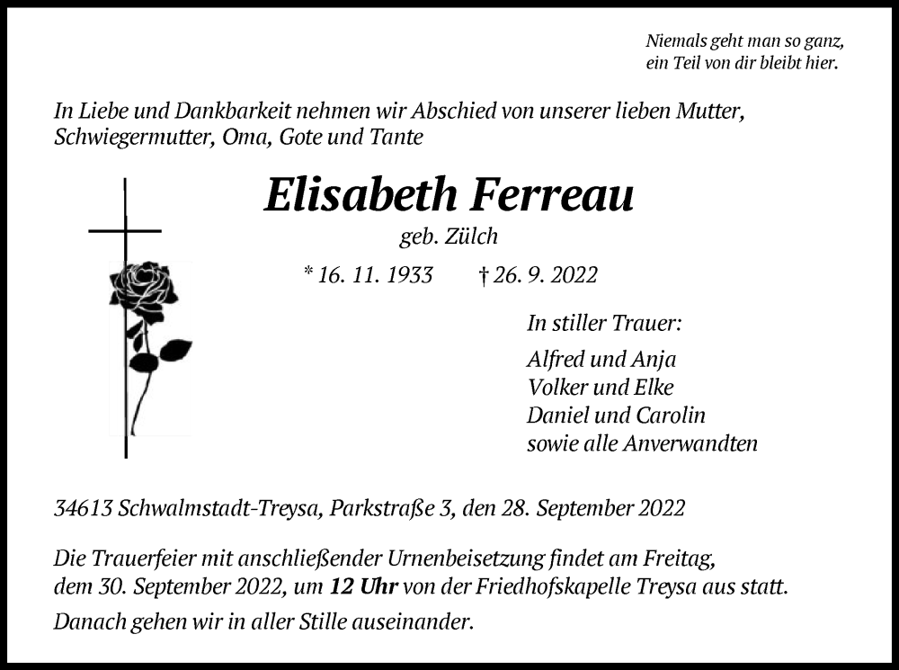  Traueranzeige für Elisabeth Ferreau vom 28.09.2022 aus HNA