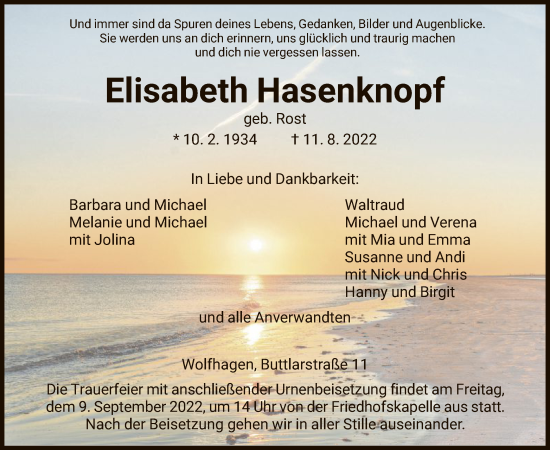Traueranzeige von Elisabeth Hasenknopf von HNA