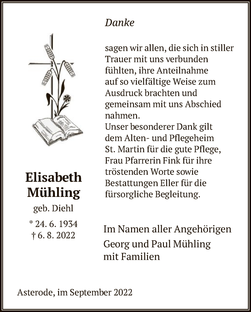  Traueranzeige für Elisabeth Mühling vom 02.09.2022 aus HNA