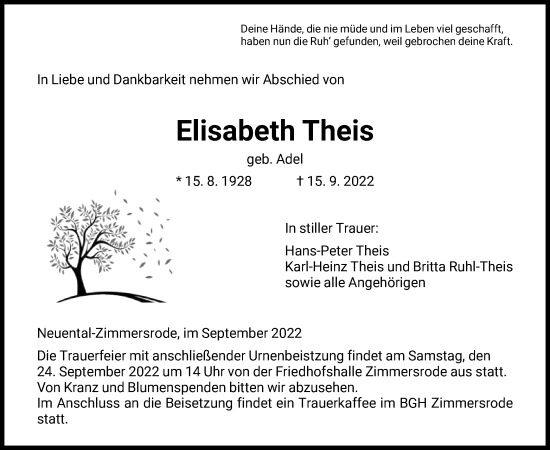 Traueranzeige von Elisabeth Theis von HNA