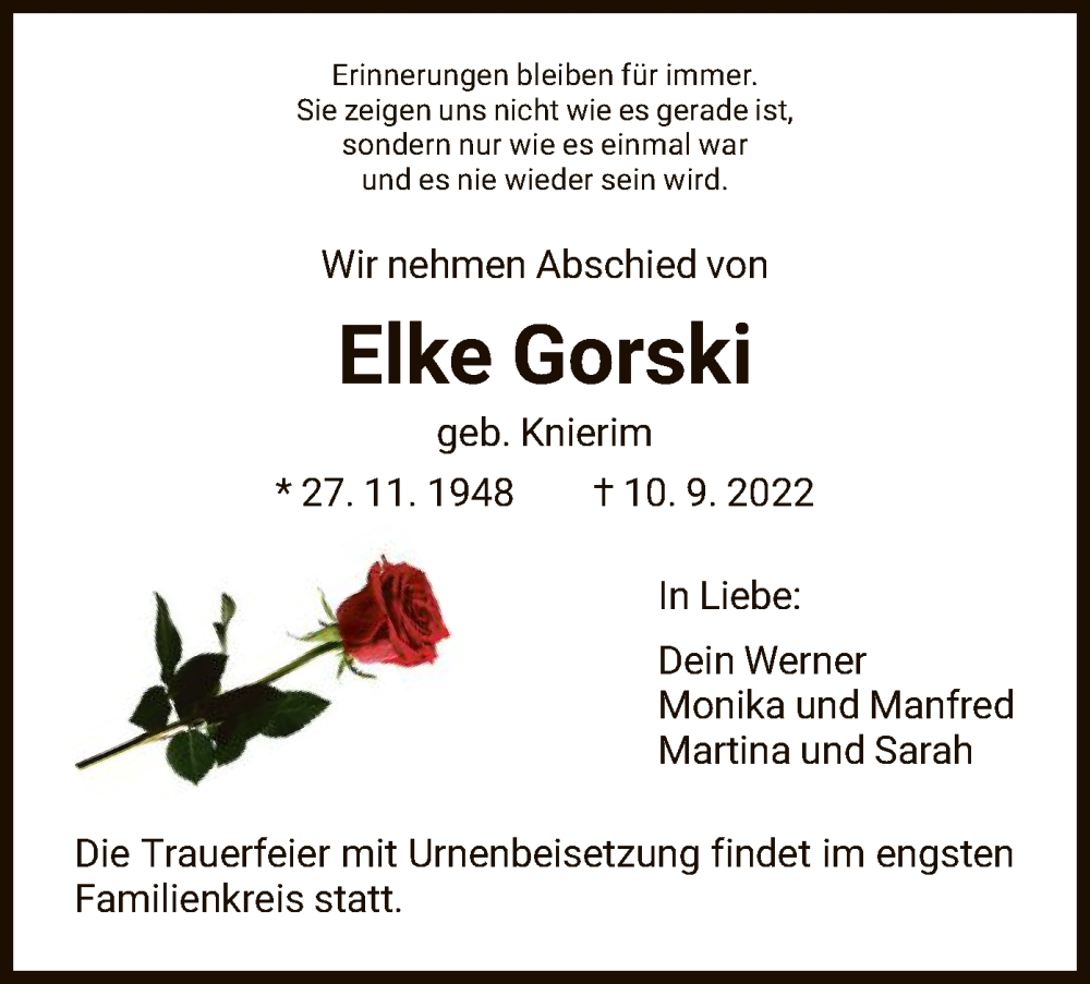  Traueranzeige für Elke Gorski vom 17.09.2022 aus HNA