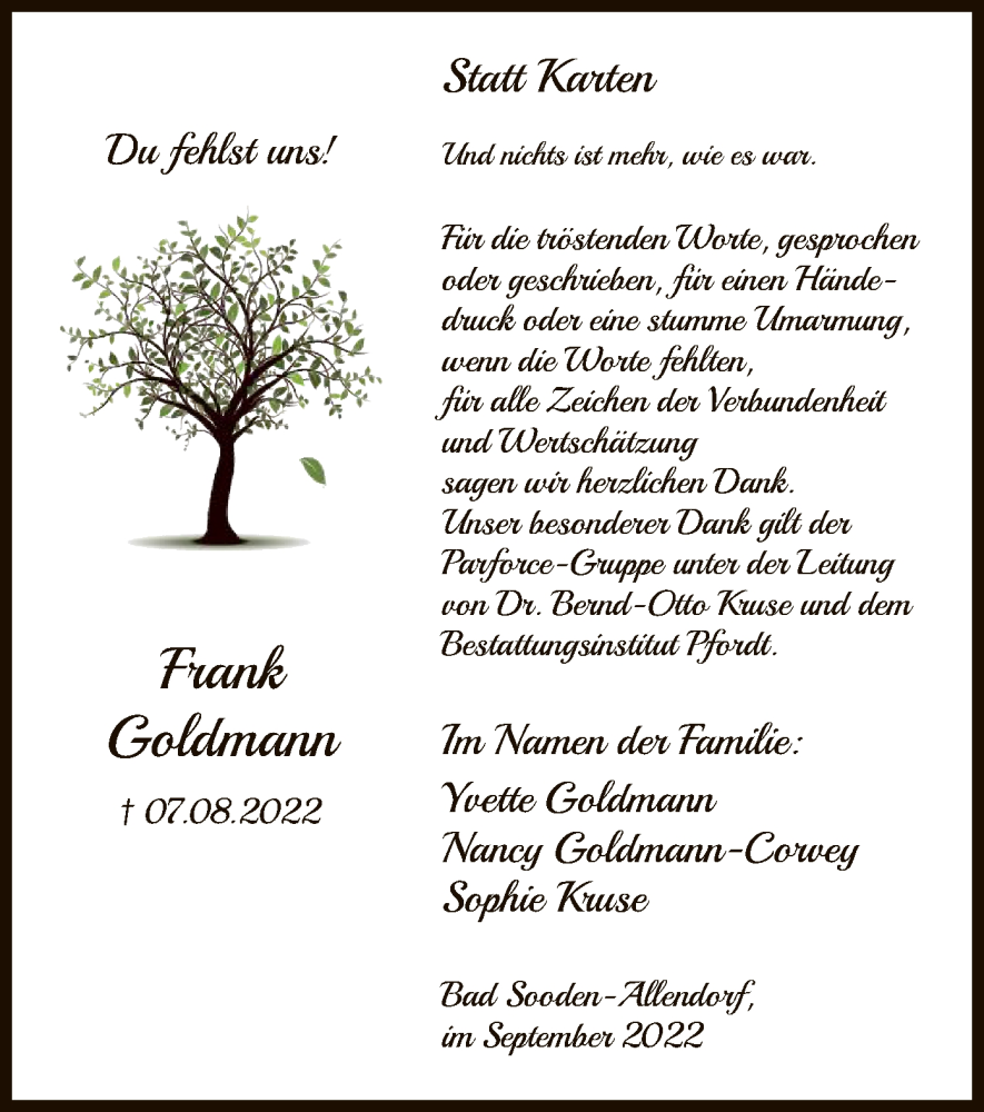  Traueranzeige für Frank Goldmann vom 17.09.2022 aus HNA