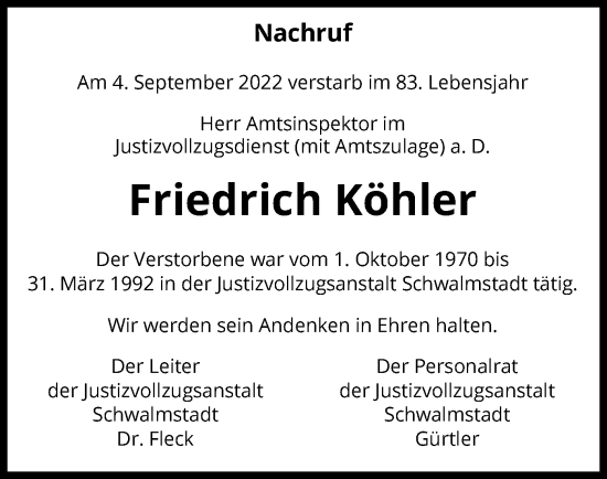 Traueranzeige von Friedrich Köhler von HNA