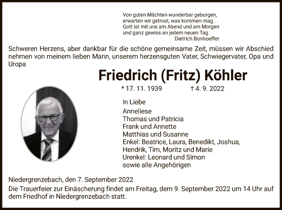 Traueranzeige von Friedrich Köhler von HNA