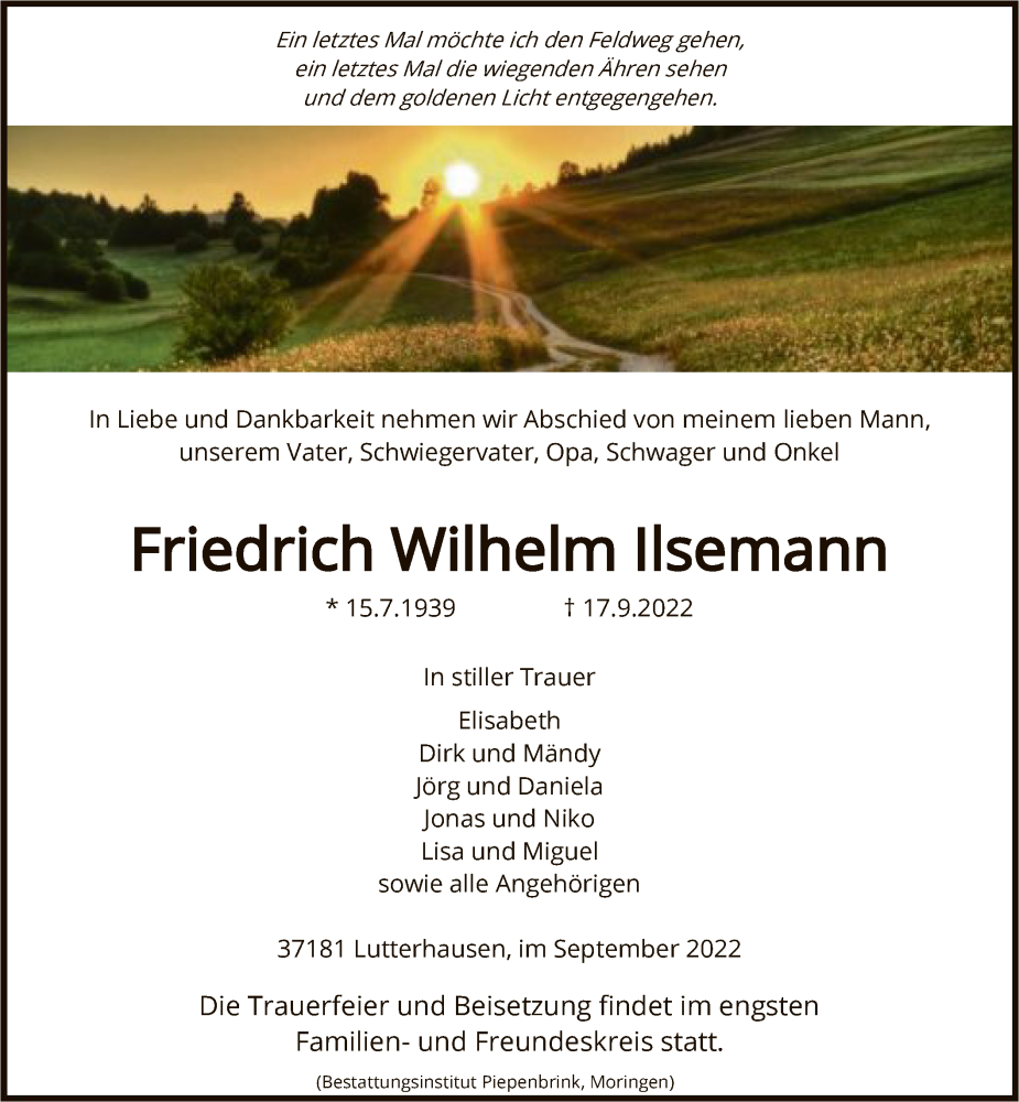  Traueranzeige für Friedrich Wilhelm Ilsemann vom 20.09.2022 aus HNA