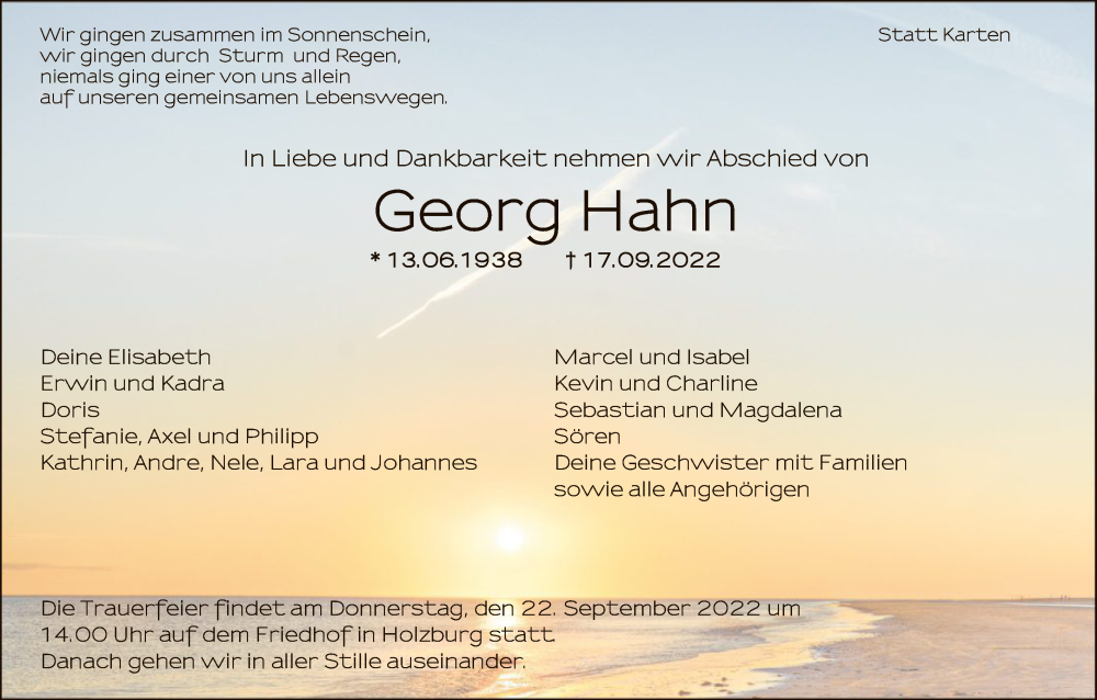  Traueranzeige für Georg Hahn vom 21.09.2022 aus HNA