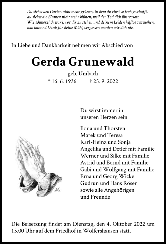 Traueranzeige von Gerda Grunewald von HNA