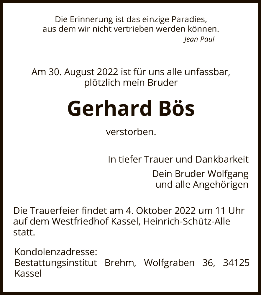  Traueranzeige für Gerhard Bös vom 29.09.2022 aus HNA