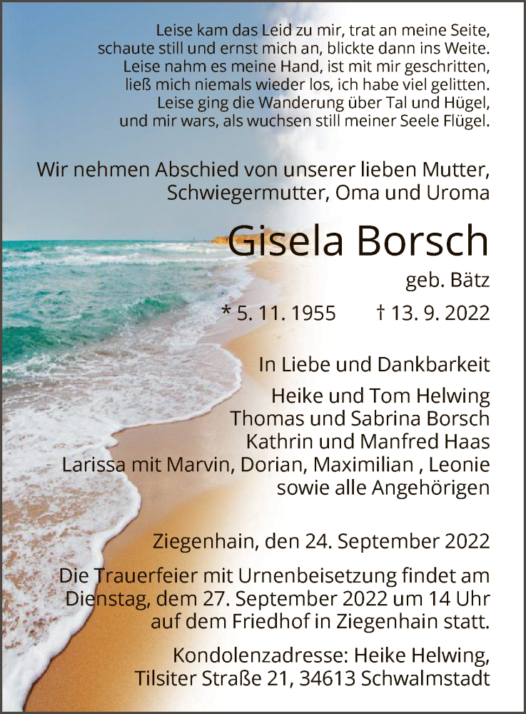 Traueranzeige für Gisela Borsch vom 24.09.2022 aus HNA
