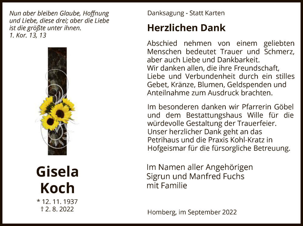  Traueranzeige für Gisela Koch vom 23.09.2022 aus HNA