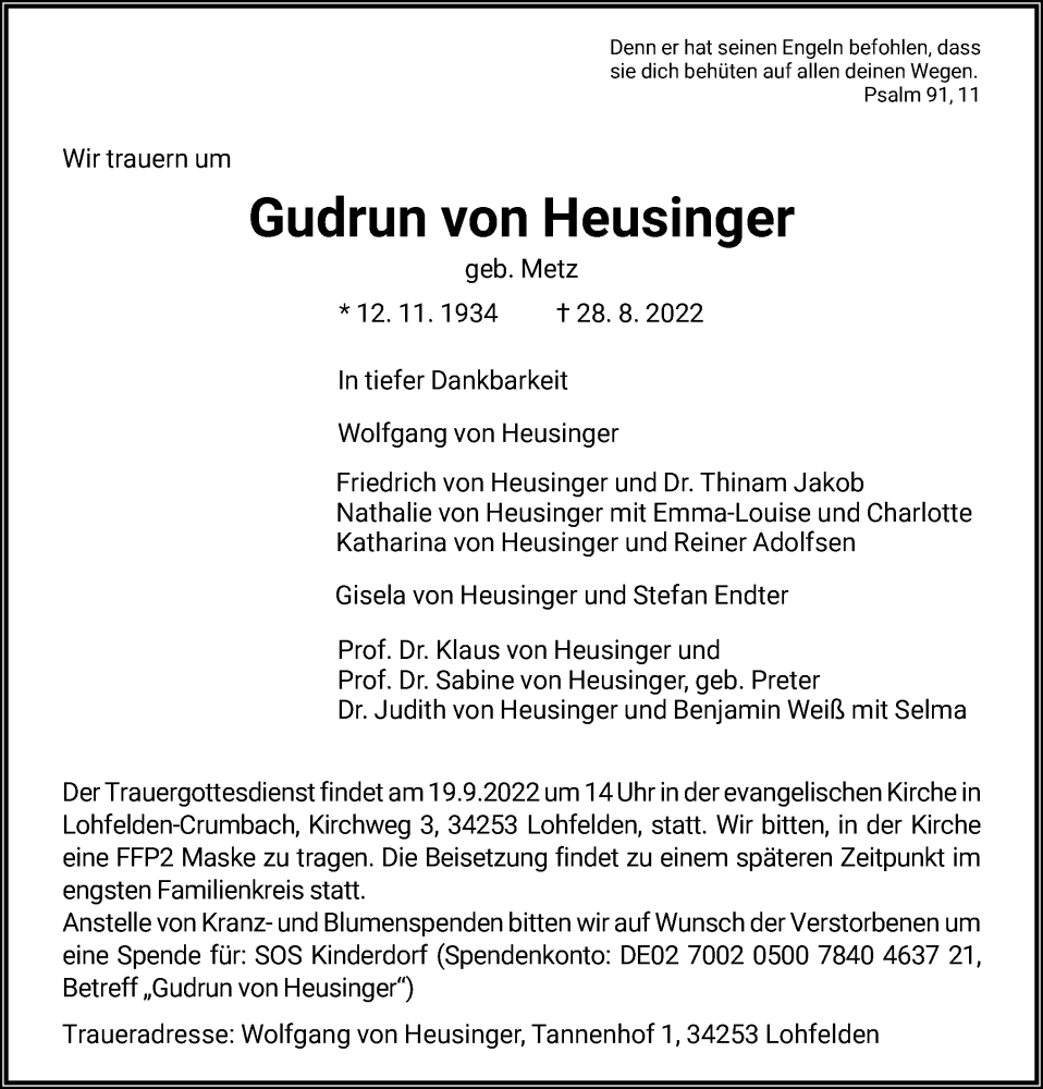  Traueranzeige für Gudrun von Heusinger vom 03.09.2022 aus HNA