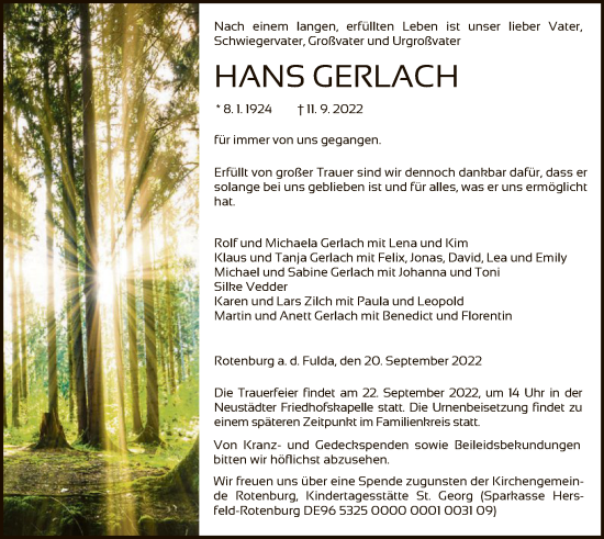 Traueranzeige von Hans Gerlach von HNA