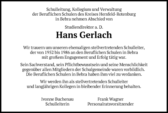 Traueranzeige von Hans Gerlach von HNA