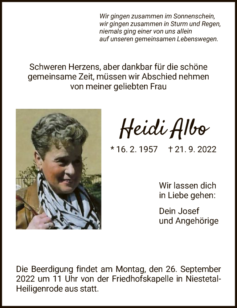  Traueranzeige für Heidi Albo vom 23.09.2022 aus HNA