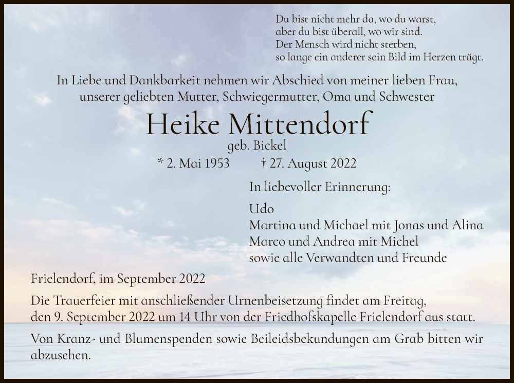  Traueranzeige für Heike Mittendorf vom 06.09.2022 aus HNA