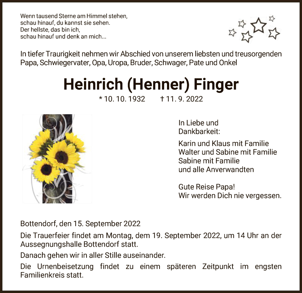  Traueranzeige für Heinrich Finger vom 15.09.2022 aus HNA