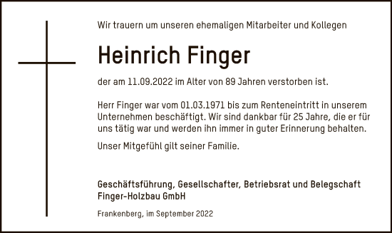 Traueranzeige von Heinrich Finger von HNA