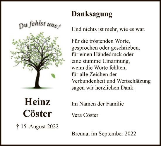 Traueranzeige von Heinz Cöster von HNA