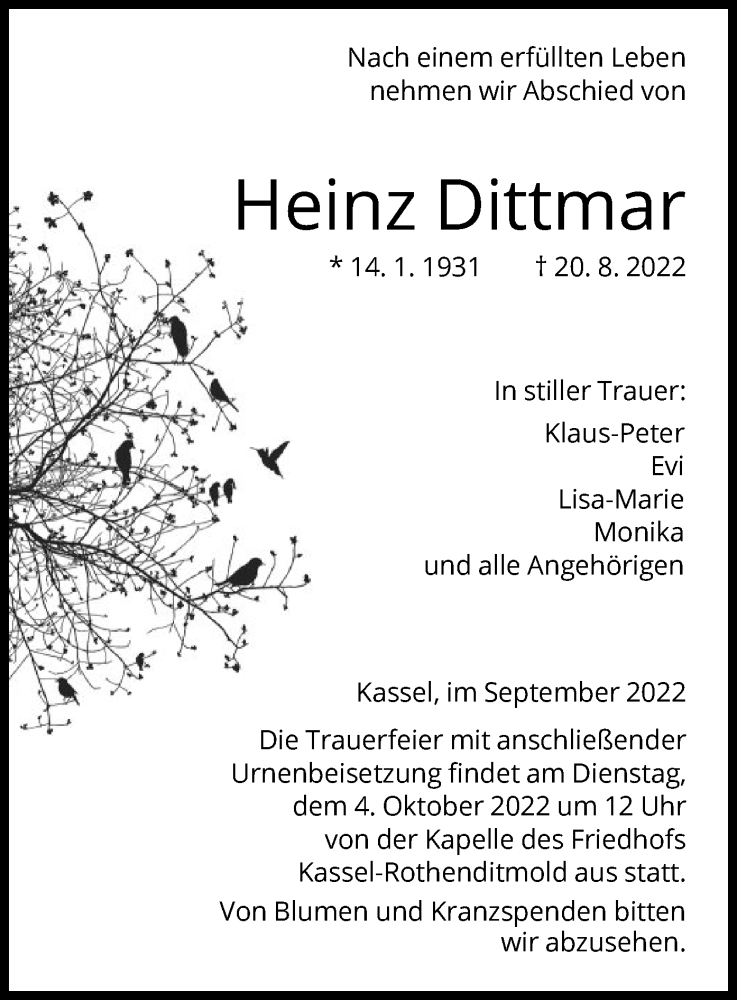  Traueranzeige für Heinz Dittmar vom 24.09.2022 aus HNA