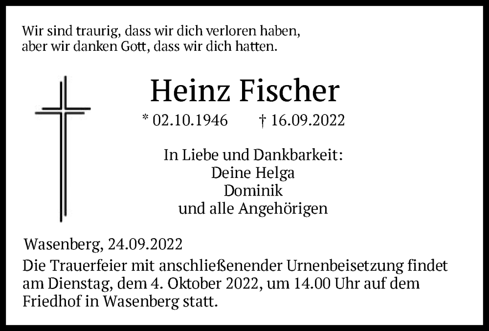  Traueranzeige für Heinz Fischer vom 24.09.2022 aus HNA