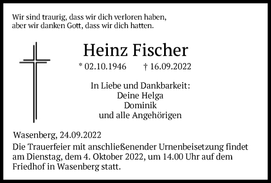 Traueranzeige von Heinz Fischer von HNA