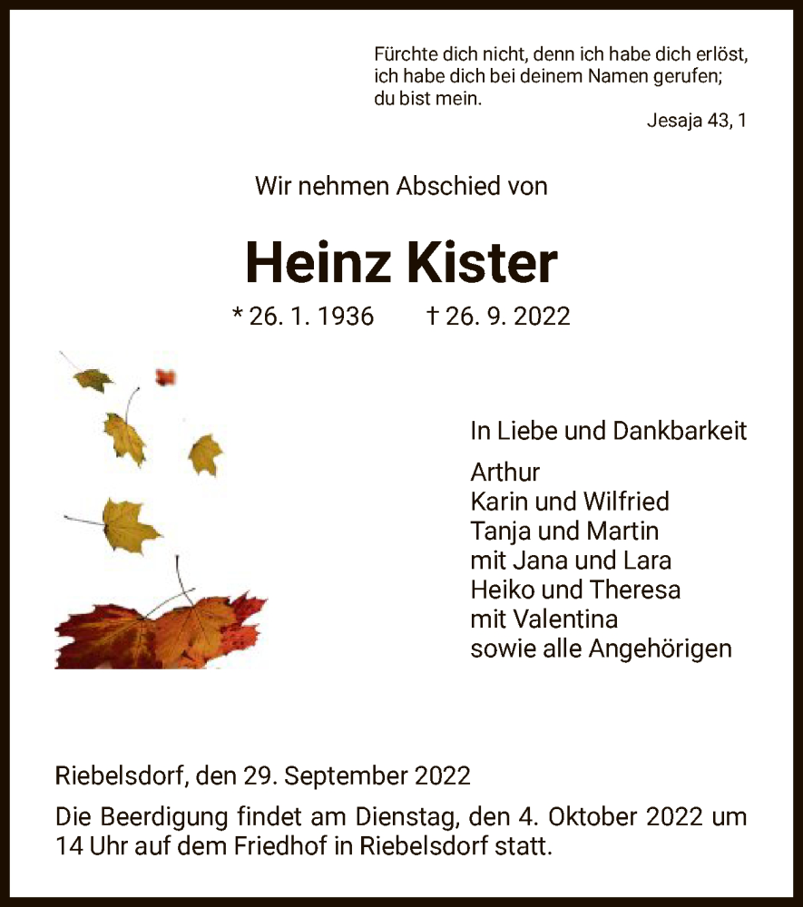  Traueranzeige für Heinz Kister vom 29.09.2022 aus HNA