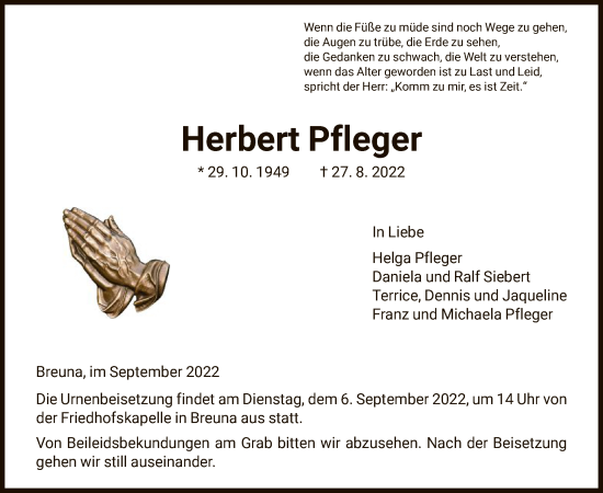 Traueranzeige von Herbert Pfleger von HNA