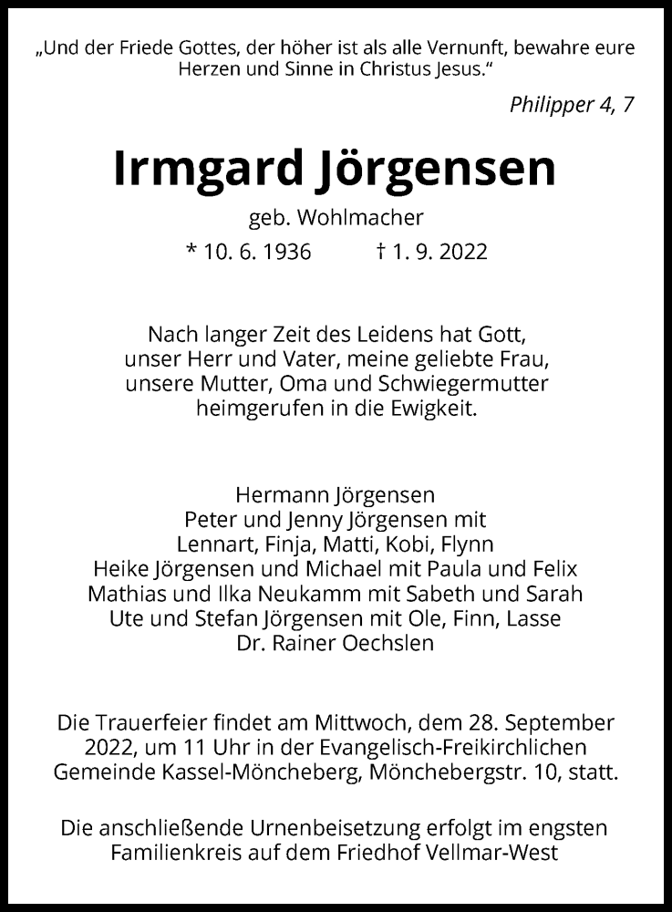  Traueranzeige für Irmgard Jörgensen vom 17.09.2022 aus HNA