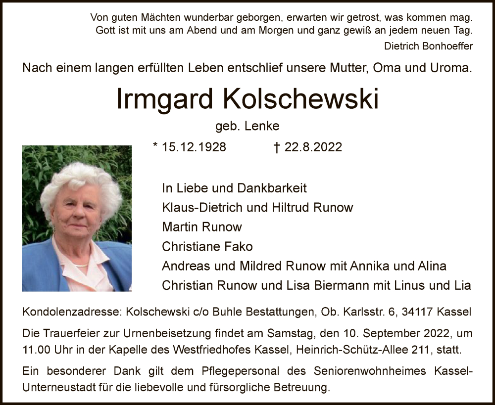  Traueranzeige für Irmgard Kolschewski vom 03.09.2022 aus HNA