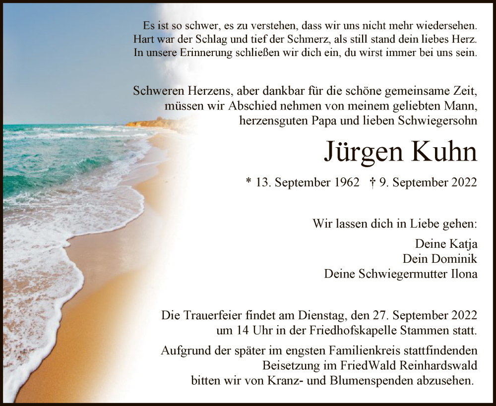  Traueranzeige für Jürgen Kuhn vom 24.09.2022 aus HNA