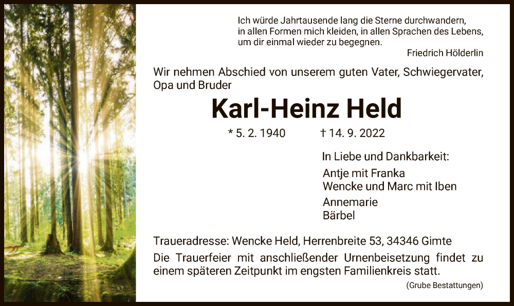  Traueranzeige für Karl-Heinz Held vom 24.09.2022 aus HNA