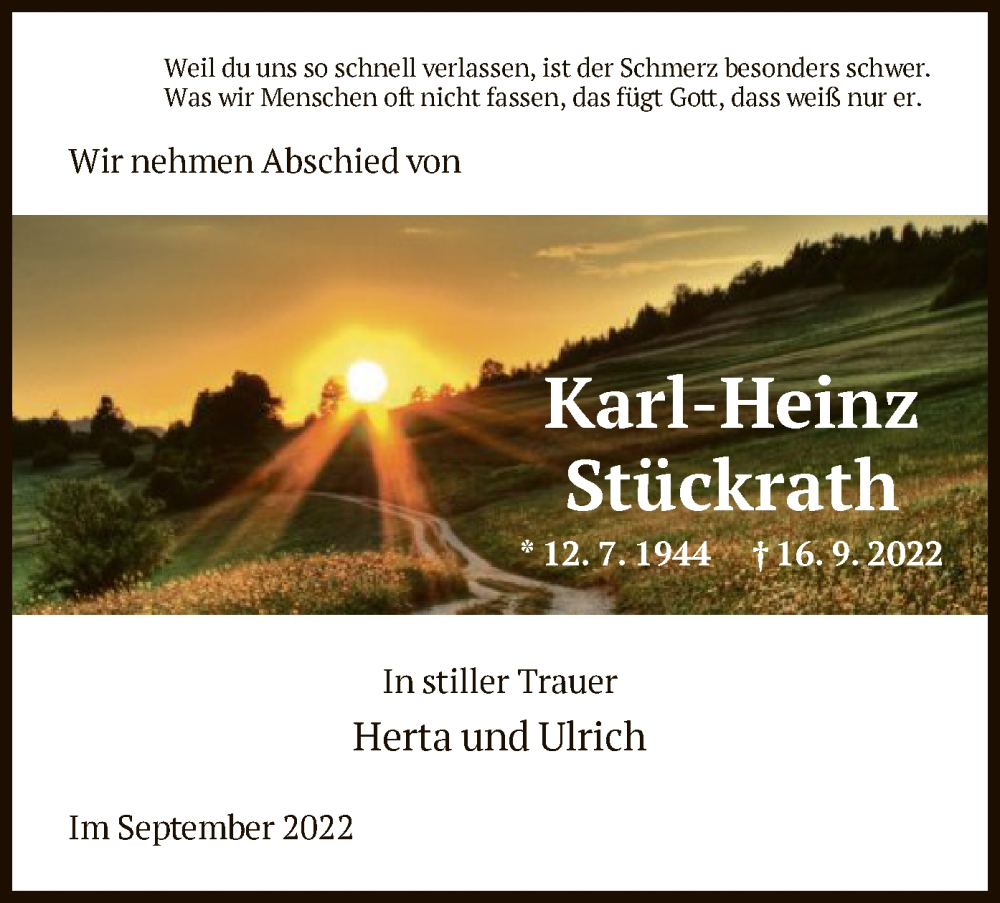  Traueranzeige für Karl-Heinz Stückrath vom 24.09.2022 aus HNA