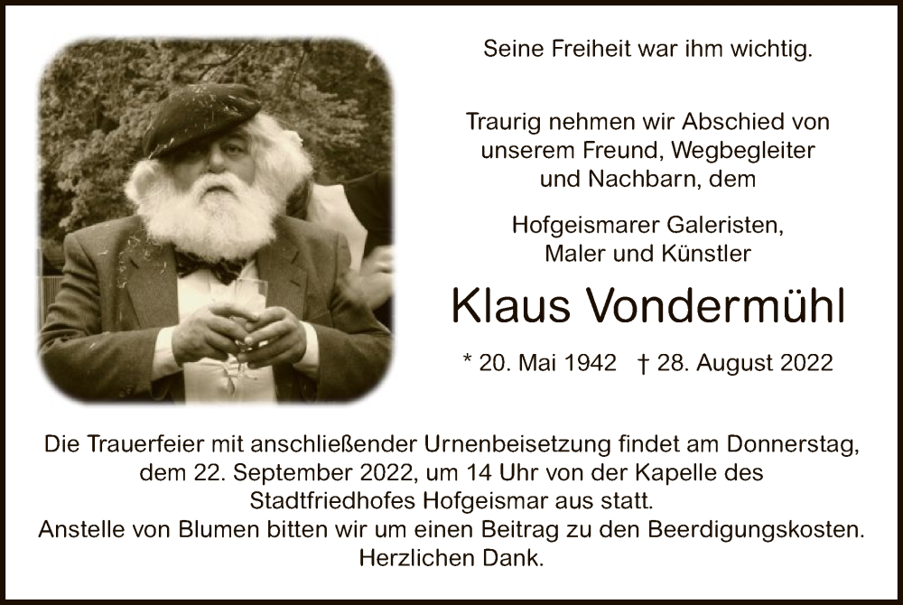  Traueranzeige für Klaus Vondermühl vom 17.09.2022 aus HNA