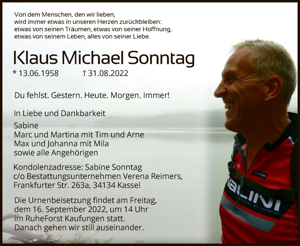 Traueranzeige für Klaus Michael Sonntag vom 10.09.2022 aus HNA